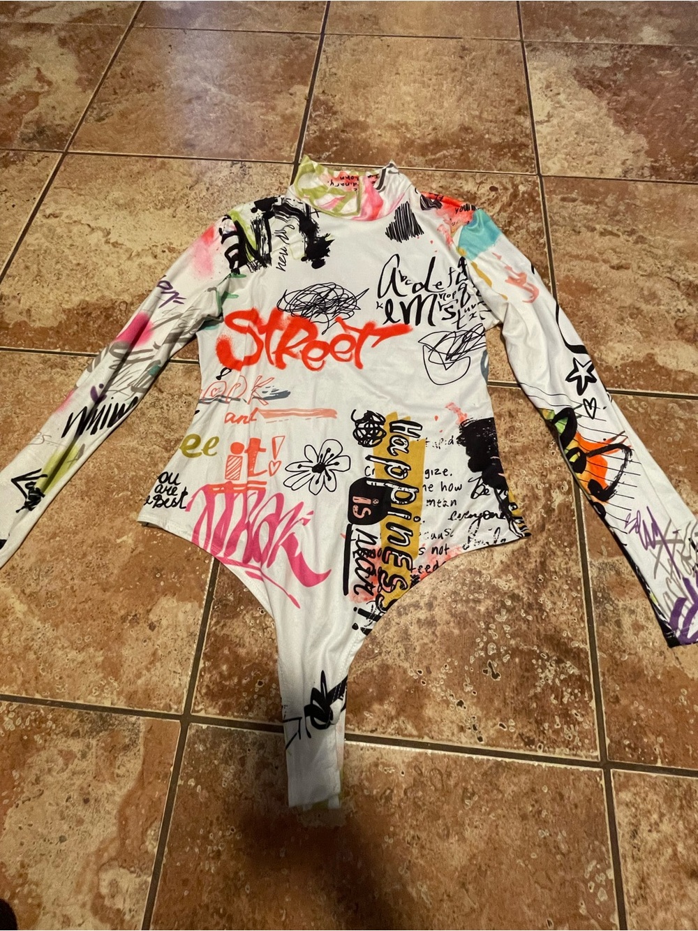 Fashion Nova multi-coloured long sleeve bodysuit with graffiti design, Size: XL